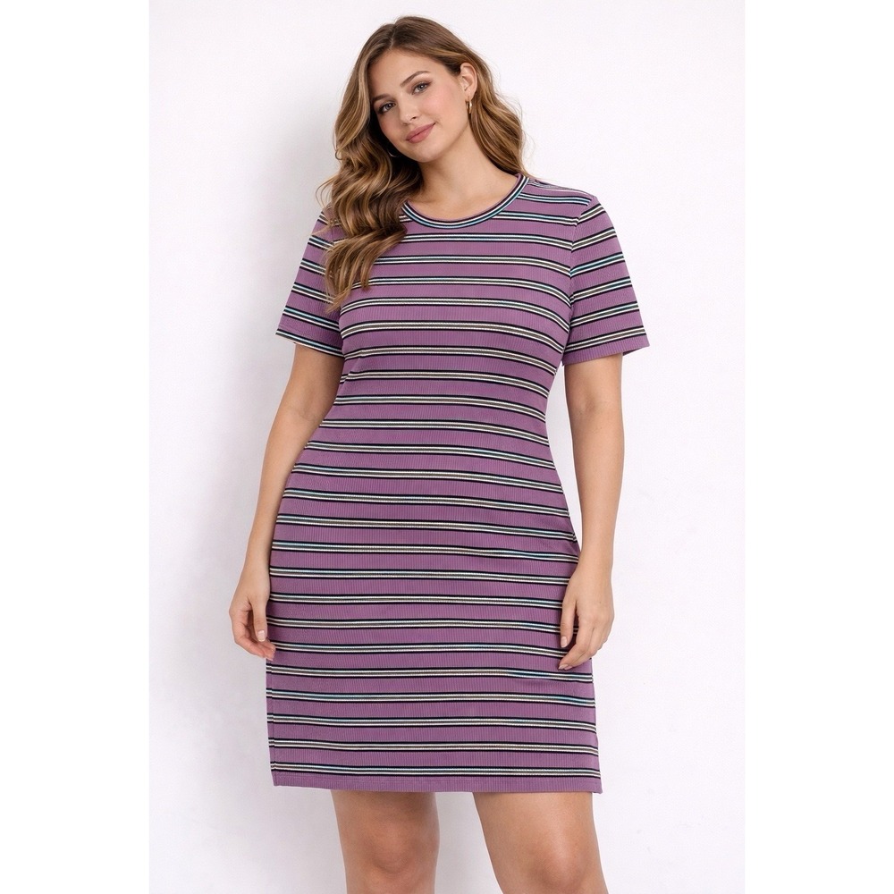 Zudio Striped Ribbed Knit Short Sleeve T-Shirt Dress Purple Black White L